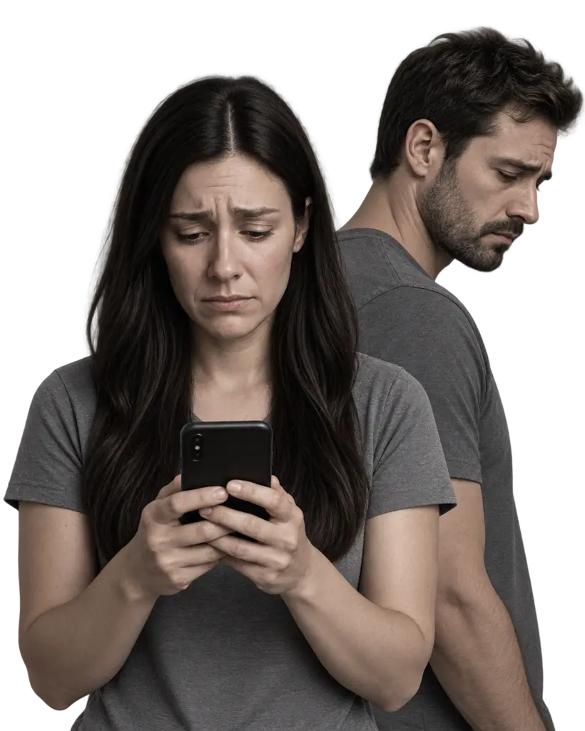 Pessoa olhando o celular, sofrendo após o término